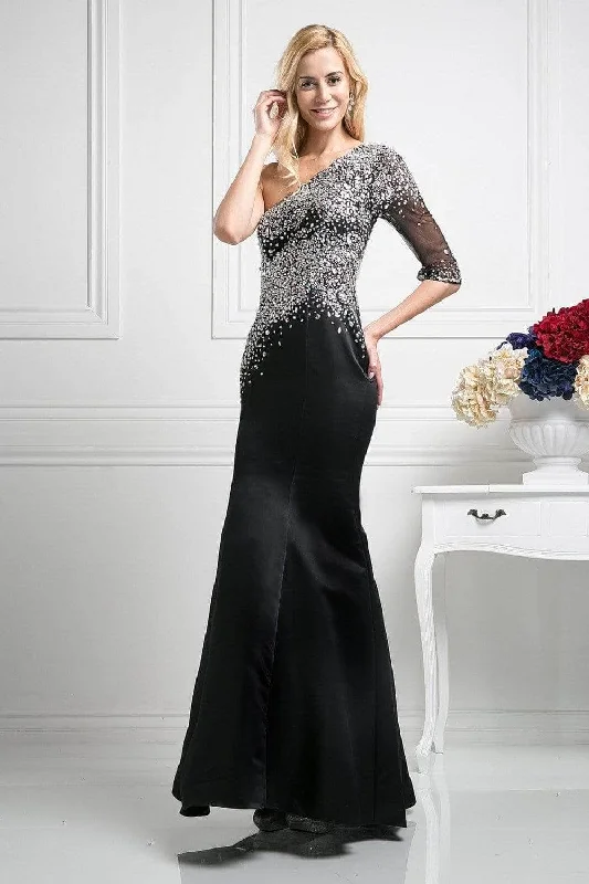 A - line formal dresses with beaded lace appliques for formal eventsLadivine 8789 - Embellished Asymmetric Neck Trumpet Dress