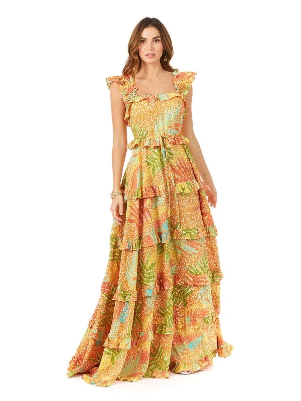 Bodycon dress for a prom night​Lara Dresses 29280 Long Ruflled Printed Formal Dress