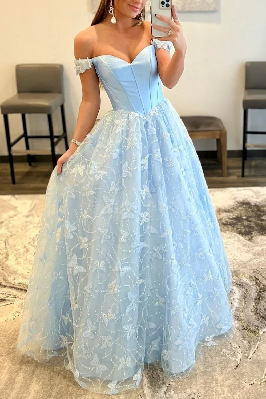 Long - length party dresses with a high - low hem for a trendy styleLight Blue Lace Off the Shoulder Lace Long Prom Dress Long - length party dresses with a high - low hem for a trendy styleLight Blue Lace Off the Shoulder Lace Long Prom Dress