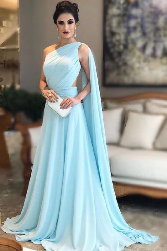 Sparkly sequined party dresses for a glamorous lookLight Blue One Shoulder Chiffon Pleats Sheer Illusion Back Prom Gown PG977 Sparkly sequined party dresses for a glamorous lookLight Blue One Shoulder Chiffon Pleats Sheer Illusion Back Prom Gown PG977