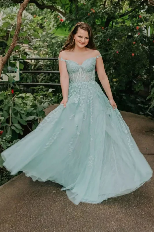 Party dresses with a one - shoulder design for a modern and unique lookLight Green Off the Shoulder Prom Dress with Appliques Party dresses with a one - shoulder design for a modern and unique lookLight Green Off the Shoulder Prom Dress with Appliques