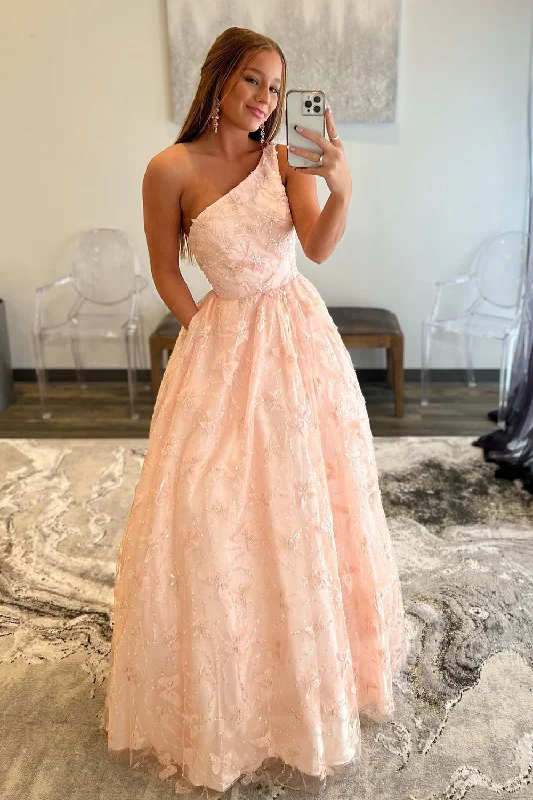 Sleeveless party dresses made of silk for a luxurious feelLight Pink One Shoulder Appliques Prom Dress with Pockets Sleeveless party dresses made of silk for a luxurious feelLight Pink One Shoulder Appliques Prom Dress with Pockets