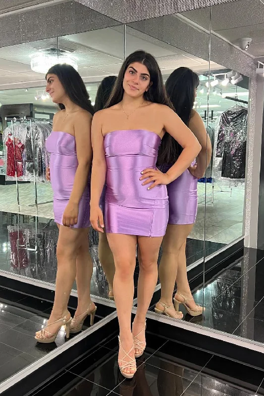 Strapless party dresses with a beaded bodice for added eleganceLilac Satin Tight Strapless Short Prom Dress Strapless party dresses with a beaded bodice for added eleganceLilac Satin Tight Strapless Short Prom Dress