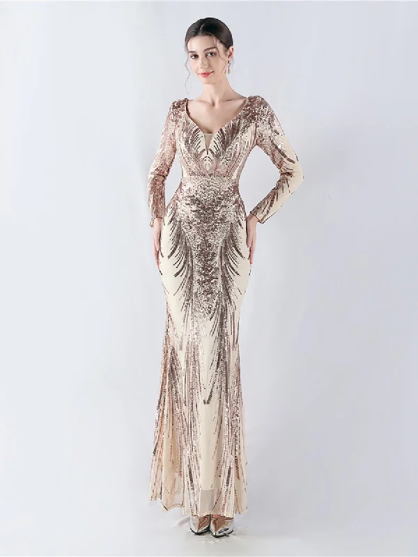 Prom dresses with gathered skirts and crystal - encrusted belts for a luxurious promLong Sleeve Sequin V-neck Backless Prom Dress MCW1000 Prom dresses with gathered skirts and crystal - encrusted belts for a luxurious promLong Sleeve Sequin V-neck Backless Prom Dress MCW1000