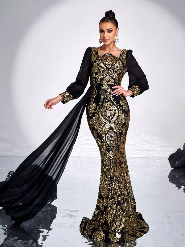 Prom dresses with geometric - cutout sleeves and flowing chiffon fabrics for a modern and airy lookLuxurious Black & Gold Embroidered Gown GM00421 Prom dresses with geometric - cutout sleeves and flowing chiffon fabrics for a modern and airy lookLuxurious Black & Gold Embroidered Gown GM00421