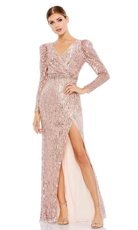 Prom dresses with cold - shoulder ruffled sleeves and floral prints for a romantic and fashionable styleMac Duggal - 93549 V-Neck High Slit Sheath Dress Prom dresses with cold - shoulder ruffled sleeves and floral prints for a romantic and fashionable styleMac Duggal - 93549 V-Neck High Slit Sheath Dress