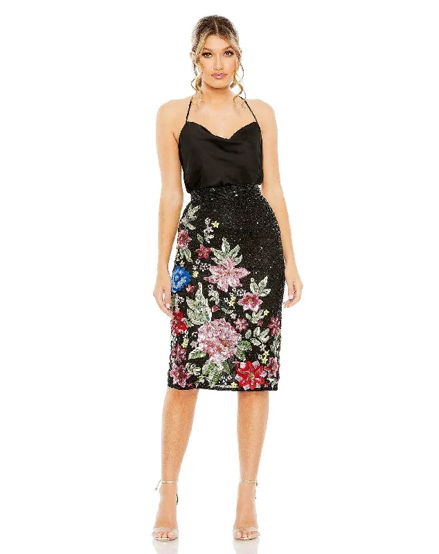 Bodycon dress with a ruched design for added texture​Mac Duggal R5699 Formal Multi Color Floral Midi Skirt Only