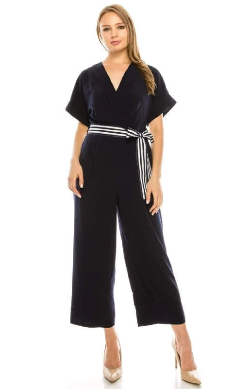 Prom dresses with one - shoulder designs and feather accents for a bold statementMaggy London - G4082M Short Sleeve Stripe Belted Capri Jumpsuit Prom dresses with one - shoulder designs and feather accents for a bold statementMaggy London - G4082M Short Sleeve Stripe Belted Capri Jumpsuit