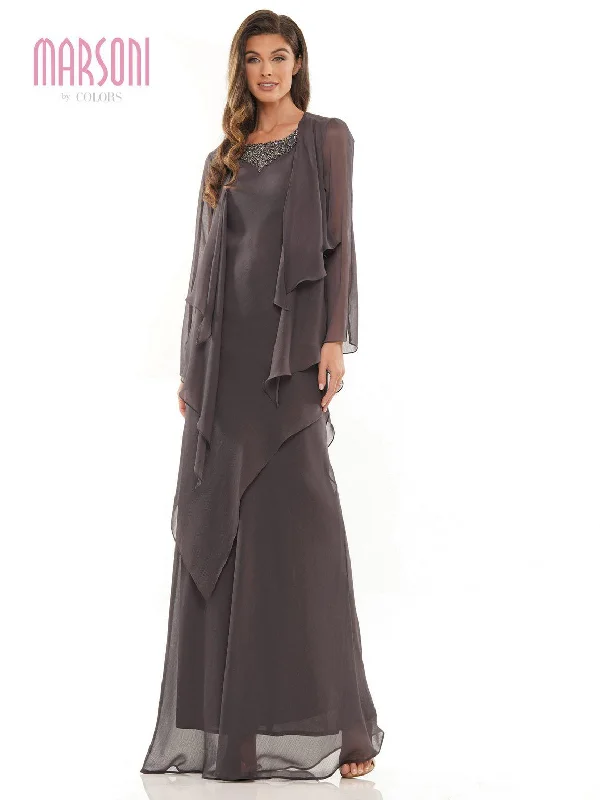 Bodycon dress with a ruffled trim​Marsoni 1230 Long Sleeveless Formal Jacket Dress