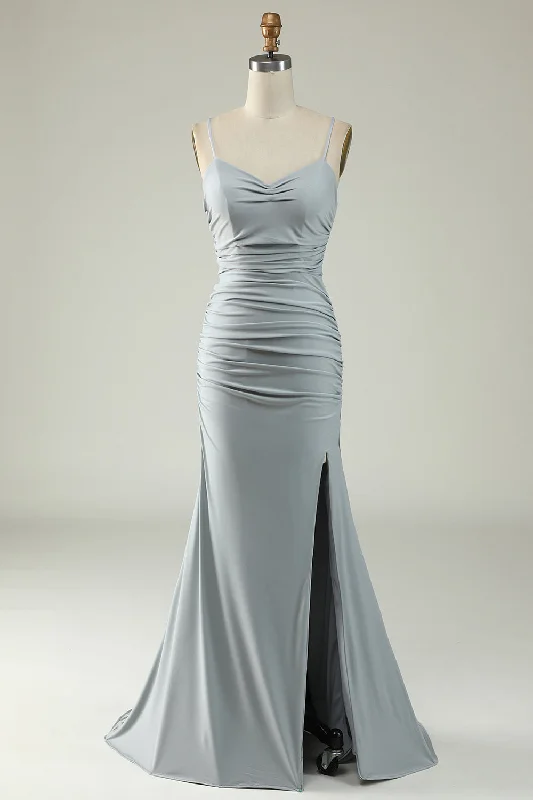 Party dresses with a pom - pom trim for a fun and festive touchMermaid Grey Long Prom Dress with Slit Party dresses with a pom - pom trim for a fun and festive touchMermaid Grey Long Prom Dress with Slit
