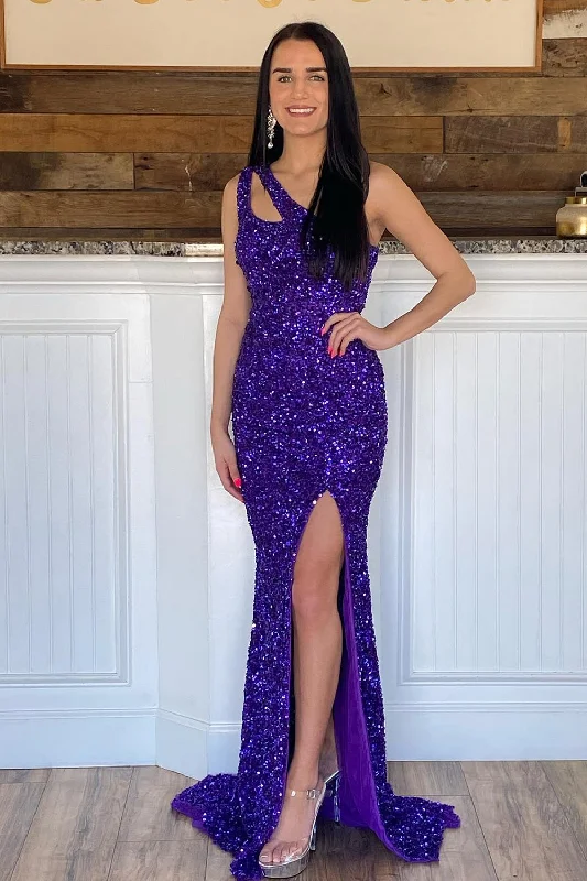 Formal dresses with wrap - around styles and beaded belts for a customized fitMermaid One Shoulder Dark Purple Sequins Long Prom Dress Formal dresses with wrap - around styles and beaded belts for a customized fitMermaid One Shoulder Dark Purple Sequins Long Prom Dress
