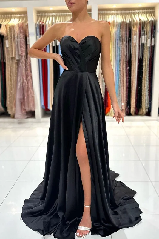 Party dresses with a pom - pom trim for a fun and festive touchMermaid Sweetheart Satin Black Long Prom Dress with Slit Party dresses with a pom - pom trim for a fun and festive touchMermaid Sweetheart Satin Black Long Prom Dress with Slit