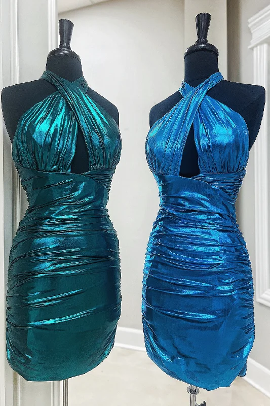 Retro - style party dresses inspired by the 1920s - 1980sMetallic Emerald Green Tight Halter Ruched Short Prom Dress Retro - style party dresses inspired by the 1920s - 1980sMetallic Emerald Green Tight Halter Ruched Short Prom Dress