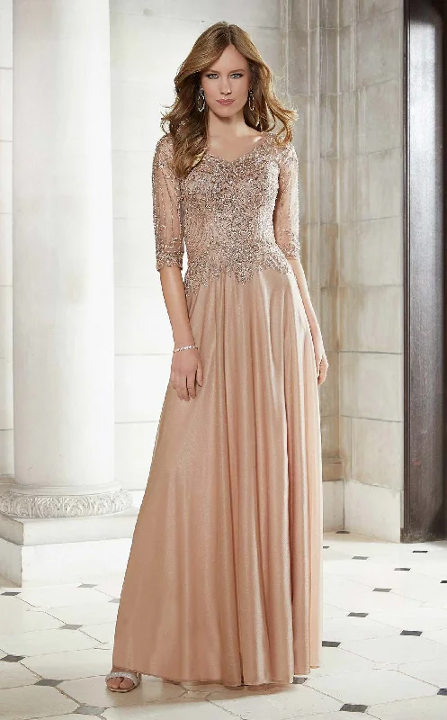 Tea - length formal dresses with lace trim for a semi - formal promMGNY 72618 Dress