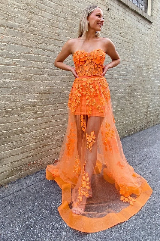 Party dresses with a fringed detail for a fun and dynamic styleOrange Sheath Corset Long Prom Dress with Appliques Party dresses with a fringed detail for a fun and dynamic styleOrange Sheath Corset Long Prom Dress with Appliques