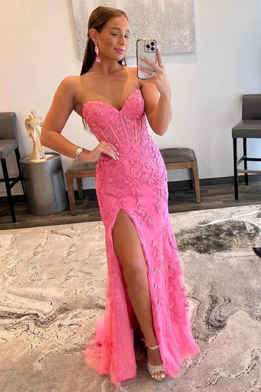 Party dresses with a lace overlay for a feminine touchPink Corset Sweetheart Long Lace Prom Dress with Slit Party dresses with a lace overlay for a feminine touchPink Corset Sweetheart Long Lace Prom Dress with Slit