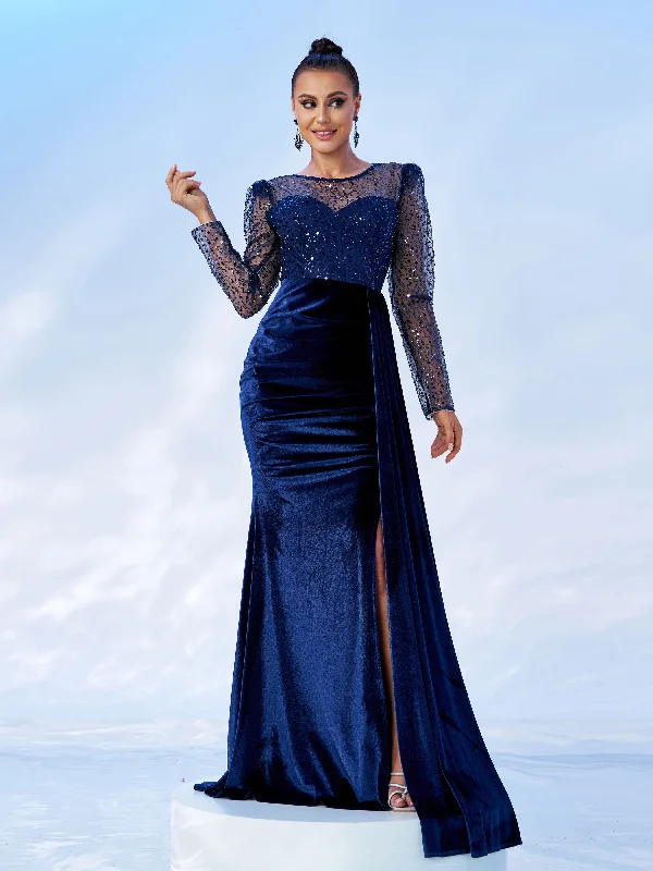 Sheath formal dresses with metallic thread detailing for a modern promPlus Long Sleeve Mesh Velvet Ruched Prom Dress MES00636 Sheath formal dresses with metallic thread detailing for a modern promPlus Long Sleeve Mesh Velvet Ruched Prom Dress MES00636