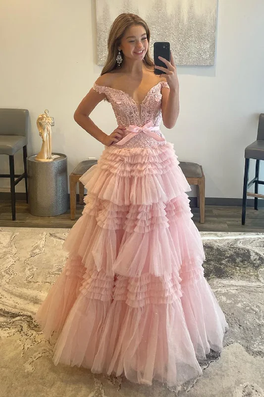 Party dresses with a one - shoulder design for a modern and unique lookPrincess A Line Off the Shoulder Light Pink Long Prom Dress with Ruffles Party dresses with a one - shoulder design for a modern and unique lookPrincess A Line Off the Shoulder Light Pink Long Prom Dress with Ruffles