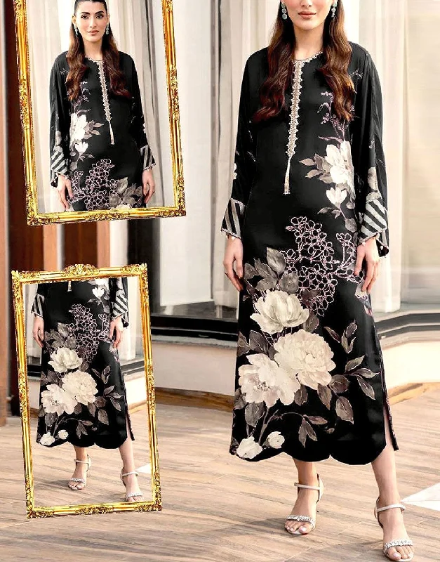 Party dresses with a geometric pattern for a contemporary look​Digital Print Silk Party Wear Dress 2024 with Silk Dupatta (DZ17663)