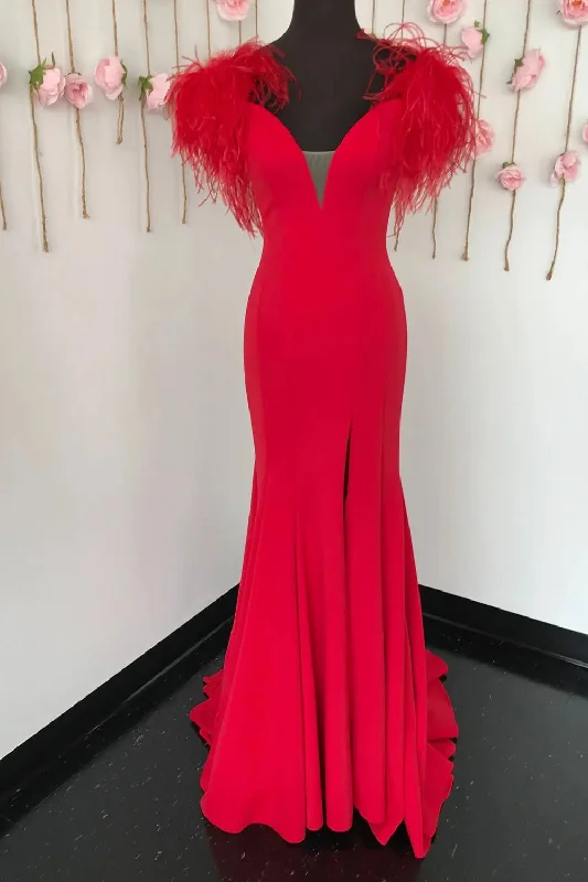 Party dresses with a pom - pom trim for a fun and festive touchRed Mermaid Long Prom Dress with Feathers Party dresses with a pom - pom trim for a fun and festive touchRed Mermaid Long Prom Dress with Feathers