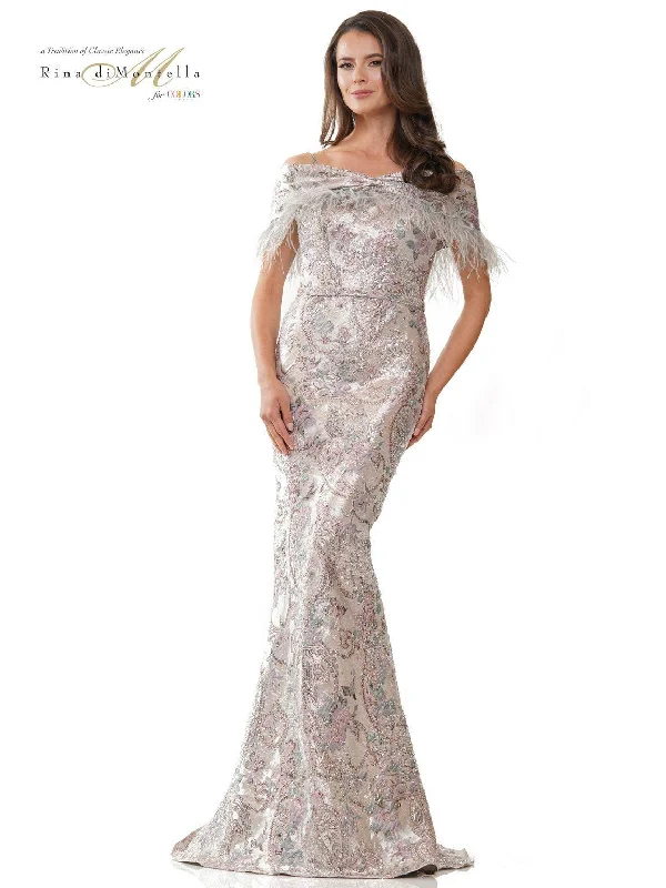 Bodycon dress with a peplum hem​Rina di Montella RD2916 Long Fitted Formal Dress