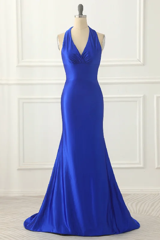 Retro - style party dresses inspired by the 1920s - 1980sRoyal Blue Halter Satin Prom Dress with Bow Retro - style party dresses inspired by the 1920s - 1980sRoyal Blue Halter Satin Prom Dress with Bow