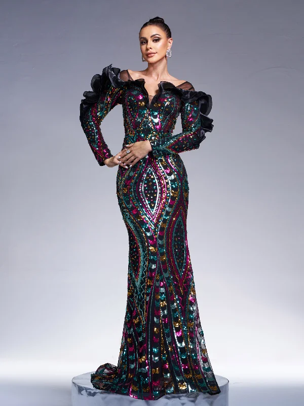 Prom dresses with cold - shoulder cutouts and satin bows for a trendy lookRuffled Sequin Mermaid Formal Dress DH80242 Prom dresses with cold - shoulder cutouts and satin bows for a trendy lookRuffled Sequin Mermaid Formal Dress DH80242
