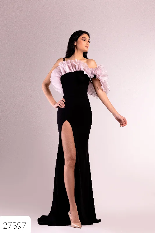 Formal dresses with off - the - shoulder sleeves and rhinestone accents for a sophisticated promSara Badr 27397 Formal dresses with off - the - shoulder sleeves and rhinestone accents for a sophisticated promSara Badr 27397