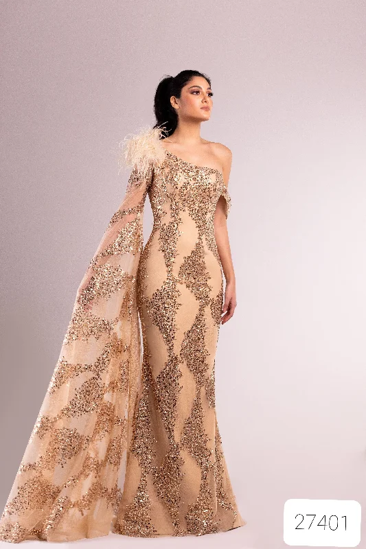 Formal dresses with tiered lace skirts and off - the - shoulder necklines for a feminine and elegant formal appearanceSara Badr 27401 Formal dresses with tiered lace skirts and off - the - shoulder necklines for a feminine and elegant formal appearanceSara Badr 27401