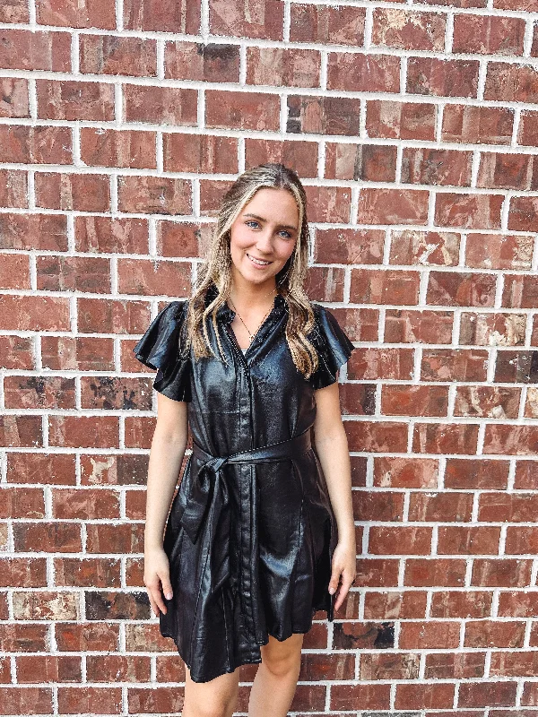 Satin party dresses with a smooth and lustrous finishSeraphina Faux Leather Flutter Sleeve Dress Satin party dresses with a smooth and lustrous finishSeraphina Faux Leather Flutter Sleeve Dress