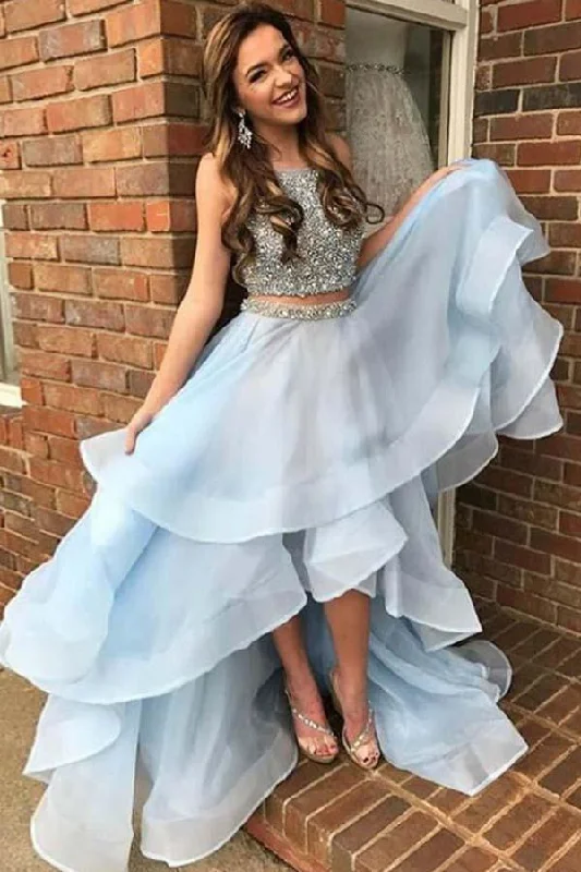 Party dresses with a peplum waist for a feminine and flattering silhouetteSexy A-Line Light Blue Two Piece High Low Beading Prom Formal Dress PM221 Party dresses with a peplum waist for a feminine and flattering silhouetteSexy A-Line Light Blue Two Piece High Low Beading Prom Formal Dress PM221