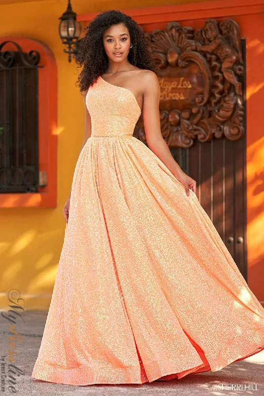 Prom dresses with lace - trimmed sleeves and empire - style waists for a flattering and vintage - inspired formal affairSherri Hill 54847 Prom dresses with lace - trimmed sleeves and empire - style waists for a flattering and vintage - inspired formal affairSherri Hill 54847