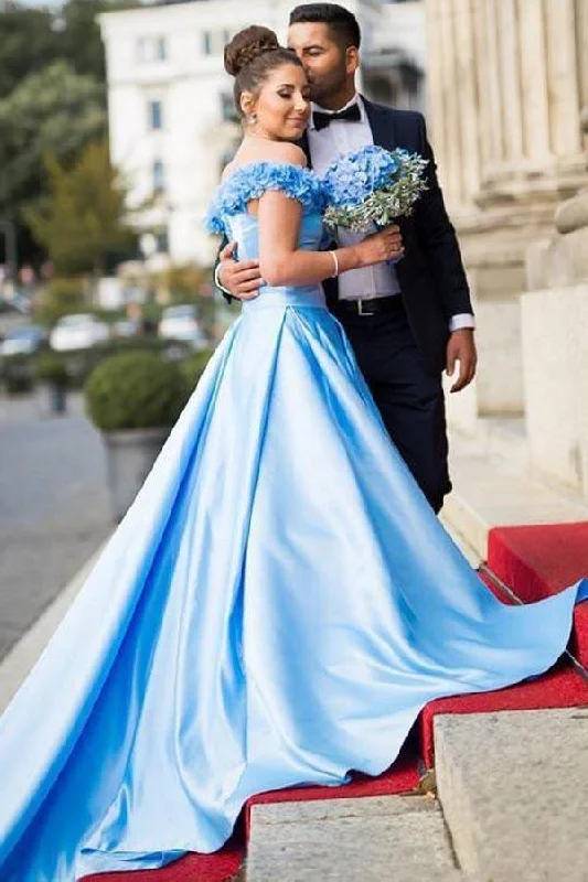 Evening party dresses with a long train for a dramatic entranceSky Blue Off The Shoulder Satin Prom Dresses Floral Long Formal Dresses PG991 Evening party dresses with a long train for a dramatic entranceSky Blue Off The Shoulder Satin Prom Dresses Floral Long Formal Dresses PG991