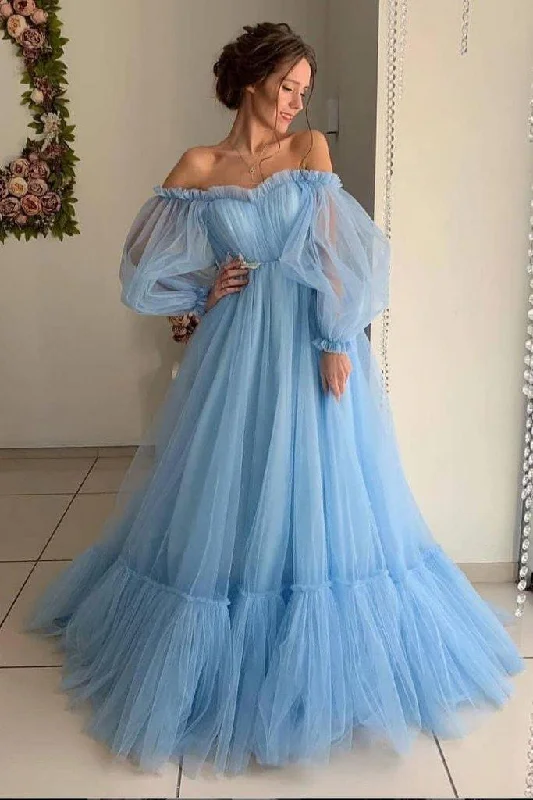 Ball gown party dresses with a full skirt for a princess - like lookSky Blue Tulle Off the Shoulder Long Prom Dress Elegant Evening Dresses PG971 Ball gown party dresses with a full skirt for a princess - like lookSky Blue Tulle Off the Shoulder Long Prom Dress Elegant Evening Dresses PG971