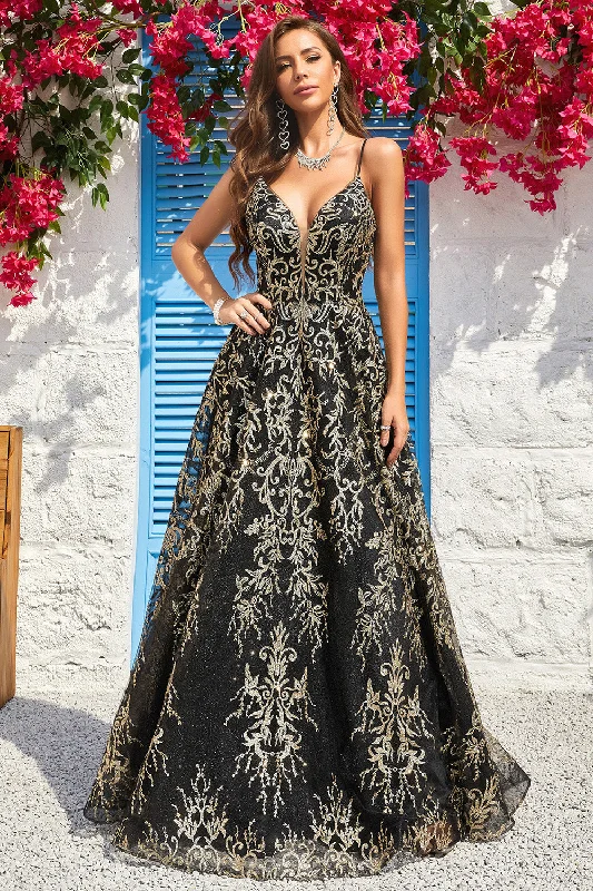 Party dresses with a pom - pom trim for a fun and festive touchSpaghetti Straps Sparkly Black Golden Ball Gown Dress with Bronzing Party dresses with a pom - pom trim for a fun and festive touchSpaghetti Straps Sparkly Black Golden Ball Gown Dress with Bronzing