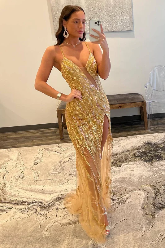 Party dresses with a bow detail for a cute and charming touchSpaghetti Straps Sparkly Golden Sequins Long Prom Dress with Slit Party dresses with a bow detail for a cute and charming touchSpaghetti Straps Sparkly Golden Sequins Long Prom Dress with Slit