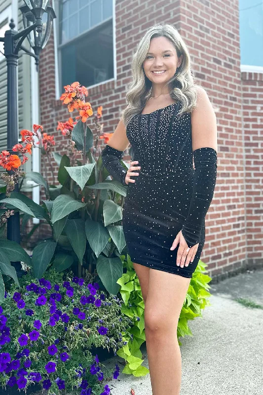 Party dresses with a metallic finish for a shiny and eye - catching effectSparkly Black Tight Beaded Spaghetti Straps Corset Short Prom Dress with Detachable Sleeves Party dresses with a metallic finish for a shiny and eye - catching effectSparkly Black Tight Beaded Spaghetti Straps Corset Short Prom Dress with Detachable Sleeves