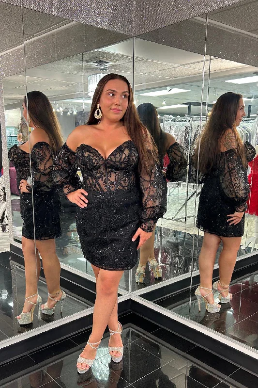 Party dresses with a pom - pom trim for a fun and festive touchSparkly Black Tight Off the Shoulder Corset Beaded Appliques Short Prom Dress Party dresses with a pom - pom trim for a fun and festive touchSparkly Black Tight Off the Shoulder Corset Beaded Appliques Short Prom Dress