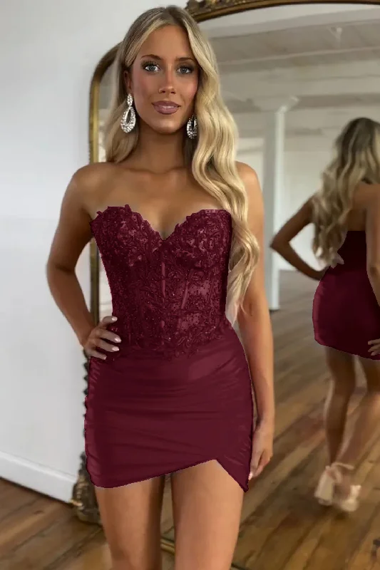 Party dresses with a metallic finish for a shiny and eye - catching effectSparkly Burgundy Bodycon Strapless Corset Beaded Short Prom Dress with Appliques Party dresses with a metallic finish for a shiny and eye - catching effectSparkly Burgundy Bodycon Strapless Corset Beaded Short Prom Dress with Appliques