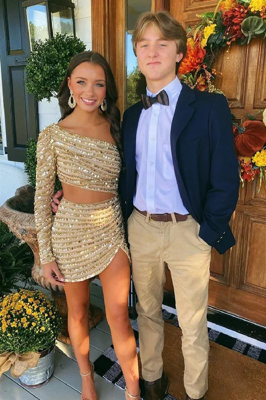 Party dresses with a ruched fabric for a textured and flattering effectSparkly Champagne One Shoulder Long Sleeve Tight Sequins Short Prom Dress Party dresses with a ruched fabric for a textured and flattering effectSparkly Champagne One Shoulder Long Sleeve Tight Sequins Short Prom Dress
