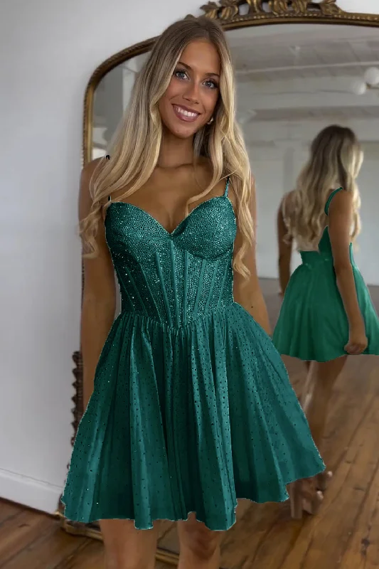 Party dresses with a polka - dot pattern for a classic and playful styleSparkly Dark Green A-Line Beaded Spaghetti Straps Corset Short Prom Dress Party dresses with a polka - dot pattern for a classic and playful styleSparkly Dark Green A-Line Beaded Spaghetti Straps Corset Short Prom Dress
