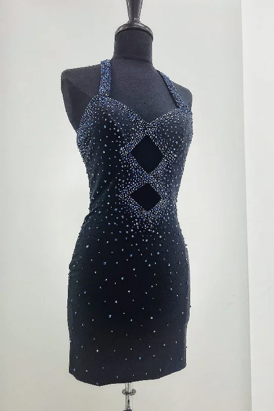 Party dresses with a tiered skirt for a fun and voluminous styleSparkly Navy Bodycon Beaded Halter Hollow Out Short Prom Dress Party dresses with a tiered skirt for a fun and voluminous styleSparkly Navy Bodycon Beaded Halter Hollow Out Short Prom Dress