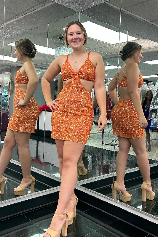 Party dresses with a criss - cross back design for a stylish detailSparkly Orange Tight Sequins Spaghetti Straps Short Prom Dress Party dresses with a criss - cross back design for a stylish detailSparkly Orange Tight Sequins Spaghetti Straps Short Prom Dress