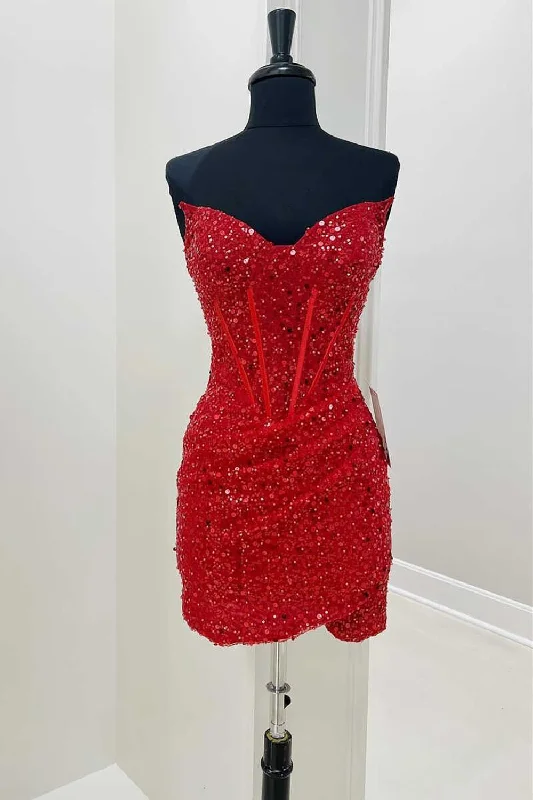 Party dresses with a fringed detail for a fun and dynamic styleSparkly Red Sequins Corset Strapless Tight Short Prom Dress Party dresses with a fringed detail for a fun and dynamic styleSparkly Red Sequins Corset Strapless Tight Short Prom Dress