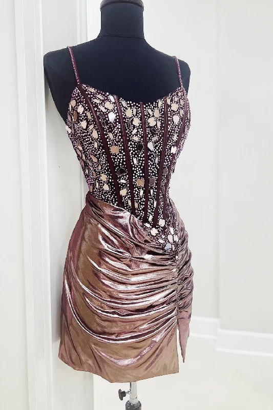 Beach party dresses made of lightweight and breathable fabric​Sparkly Rose Gold Mirrors Corset Metallic Ruched Short Prom Dress