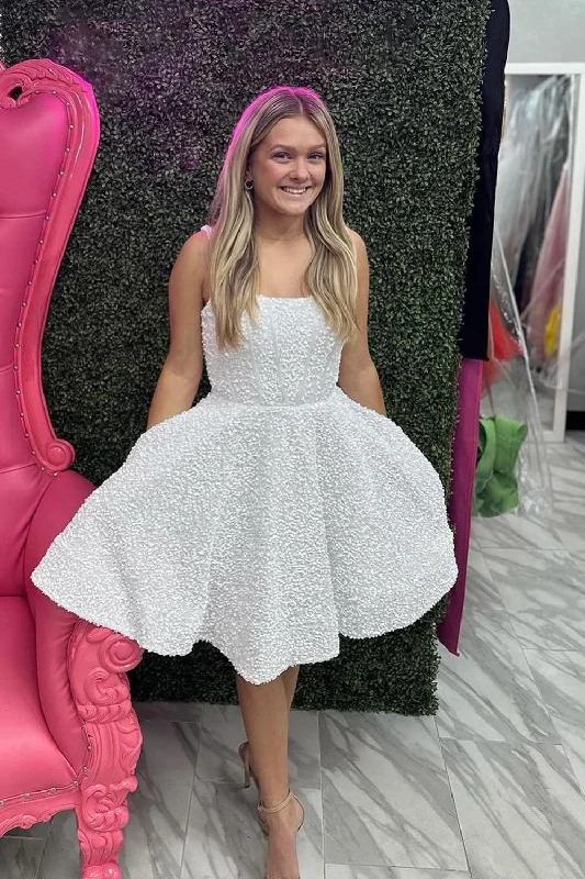 Long - length party dresses with a high - low hem for a trendy styleSparkly White A-Line Sequins Corset Lace-Up Short Prom Dress Long - length party dresses with a high - low hem for a trendy styleSparkly White A-Line Sequins Corset Lace-Up Short Prom Dress