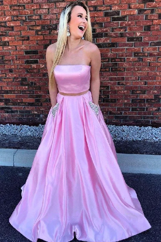 Sparkly sequined party dresses for a glamorous lookStrapless Two Piece Pink Long Beaded Prom Dress with Pockets PM236 Sparkly sequined party dresses for a glamorous lookStrapless Two Piece Pink Long Beaded Prom Dress with Pockets PM236