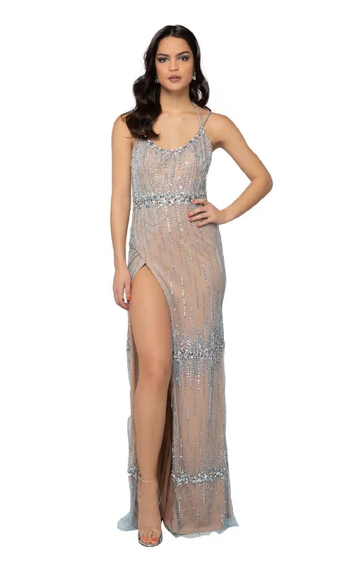 Prom dresses with side - slit skirts and beaded fringes for a glamorous appearanceTerani Couture - 1912P8222 Beaded Scoop Gown with Slit