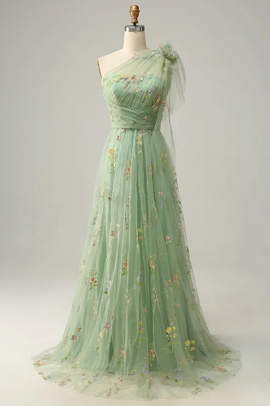 Party dresses with a metallic - thread embroidery for a luxurious touchTulle One Shoulder Green Long Prom Dress with Embroidery Party dresses with a metallic - thread embroidery for a luxurious touchTulle One Shoulder Green Long Prom Dress with Embroidery