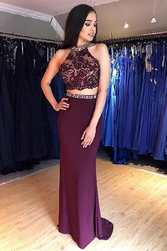 Party dresses with a satin - lined interior for added comfortTwo Piece Grape Mermaid Open Back Long Prom Dress Evening Dress PG978 Party dresses with a satin - lined interior for added comfortTwo Piece Grape Mermaid Open Back Long Prom Dress Evening Dress PG978